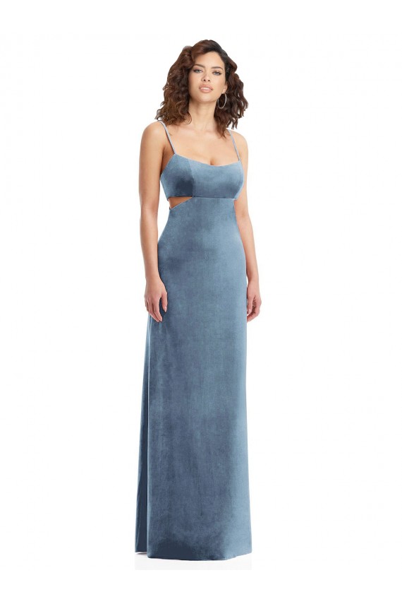 Sleeveless Square Neck Stretch Velvet Dusty Blue Long Formal Evening Gown / Prom Dress / Bridesmaid Dress London