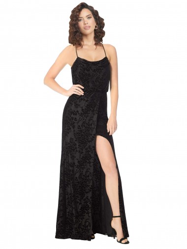 Sleeveless Cowl Neck Floral Velvet & Stretch Velvet Black Long Bridesmaid Dress London