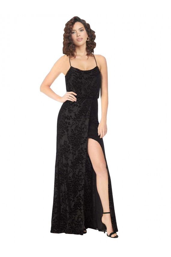 Sleeveless Cowl Neck Floral Velvet & Stretch Velvet Black Long Bridesmaid Dress London
