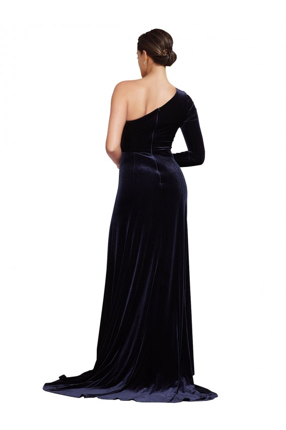 Long Sleeves One Shoulder Stretch Velvet Dark Navy Sweep Train Formal Evening Gown / Prom Dress / Bridesmaid Dress London