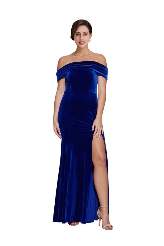 Sleeveless Off the Shoulder Stretch Velvet Royal Blue Long Formal Evening Gown / Prom Dress / Bridesmaid Dress London