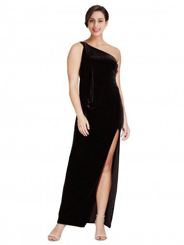 Sleeveless One Shoulder Stretch Velvet Black Long Formal Evening Gown / Prom Dress / Bridesmaid Dress London