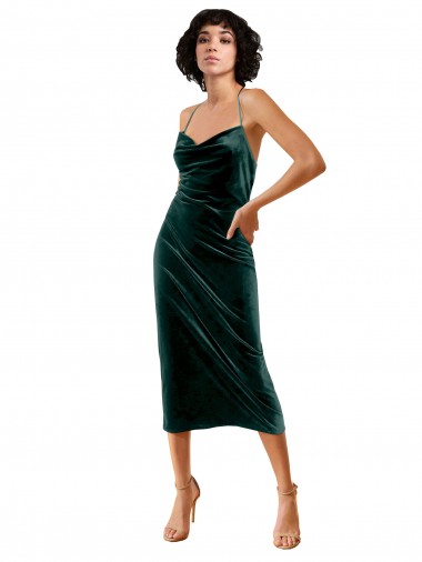Sleeveless Cowl Neck Stretch Velvet Dark Green Midi Length Formal Dress / Bridesmaid Dress London